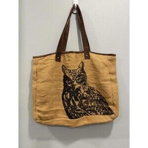 Double-Sided Owl Print Burlap and Suede Large Tote Bag